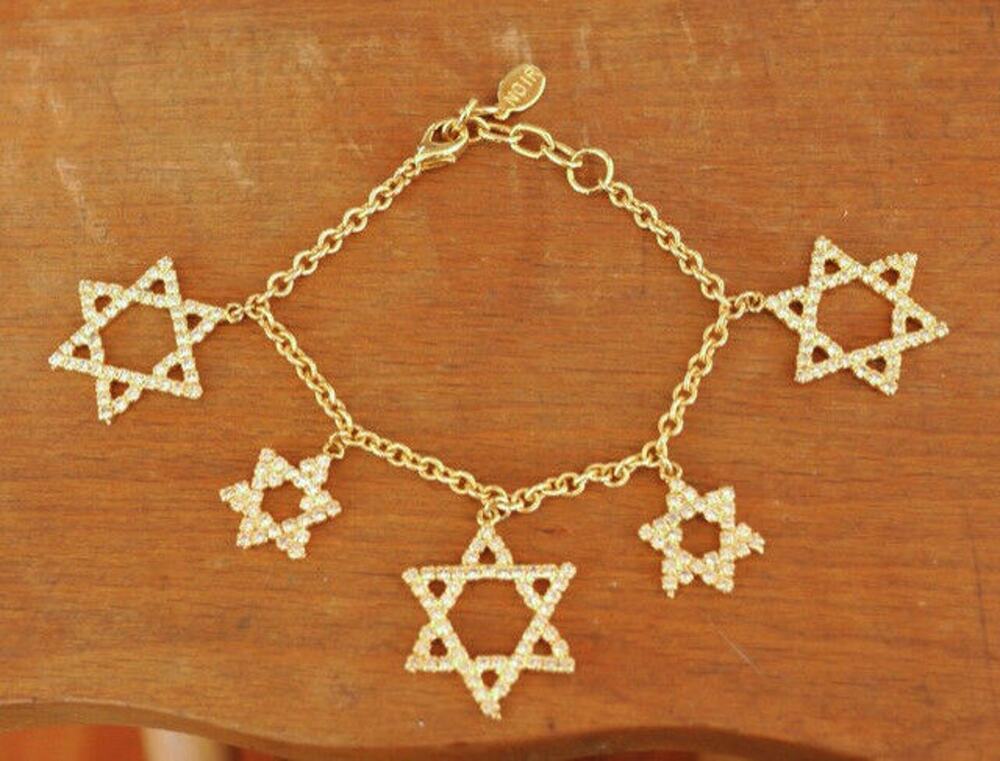 Noir Hanukkah Star David Jewish Bling Crystal Rhinestone Goldtone Charm Bracelet